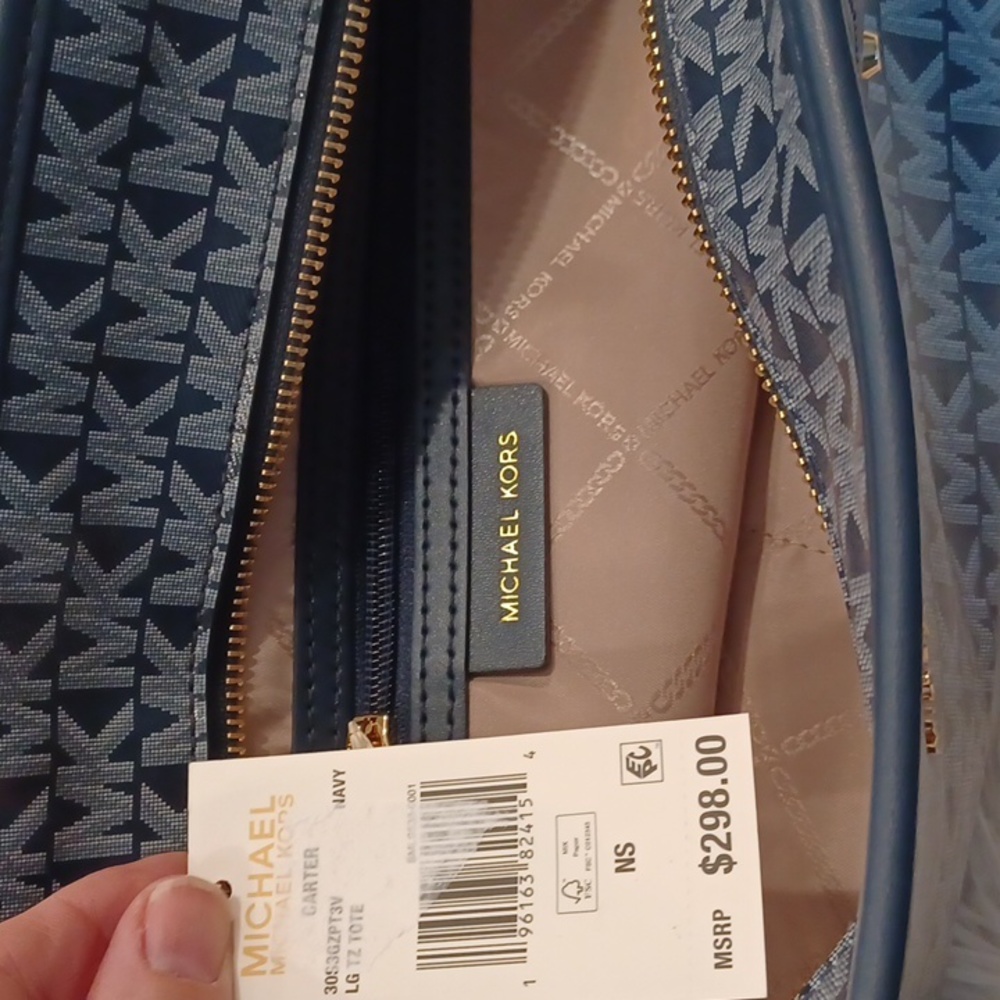 NWT Michael Kors Carter Large Top Zip Tote Bag Purse in Navy MK Logo Print - Picture 13 of 14